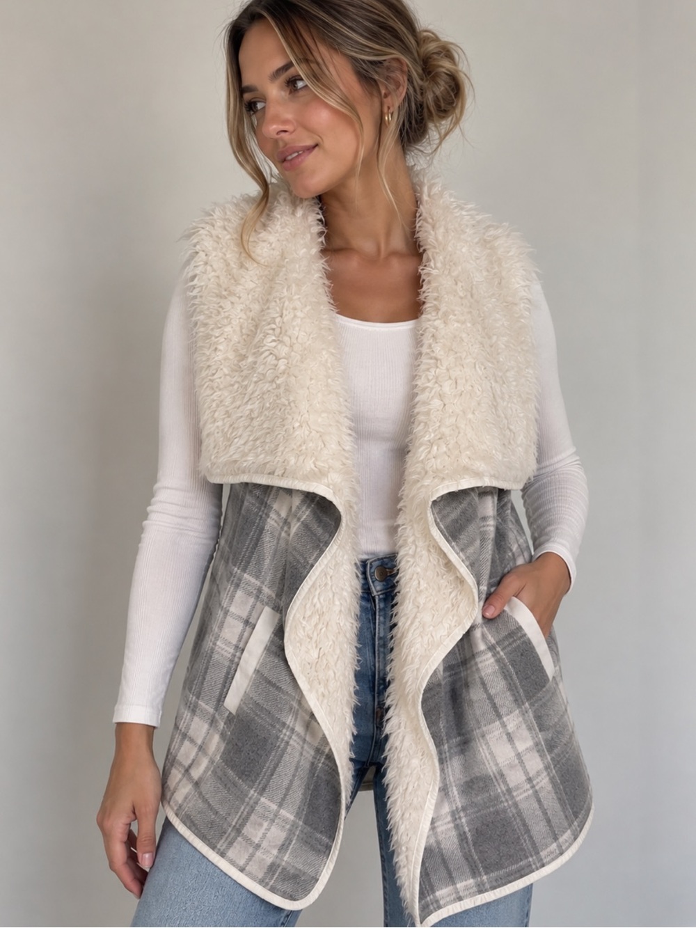 Me Jane Faux Fur Plaid Draped Vest Size M Cottagecore Après Ski Cozy Layer